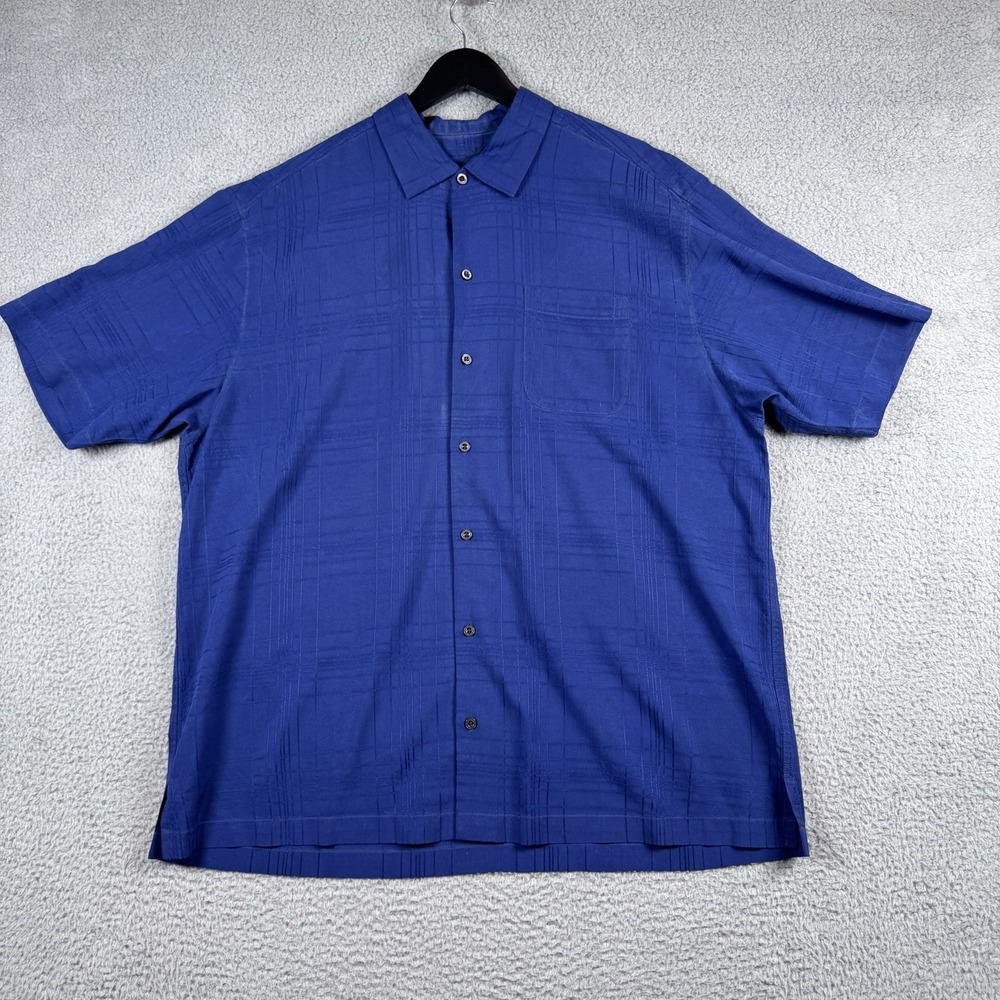 Tommy Bahama Shirt Mens Size XL Blue 100% Silk Textured Short Sleeve Button Up